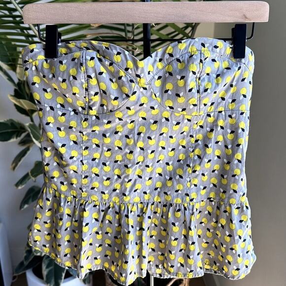 Xhilaration Yellow Lemon Print Peplum Strapless Top L Summer Cottagecore - Picture 1 of 7